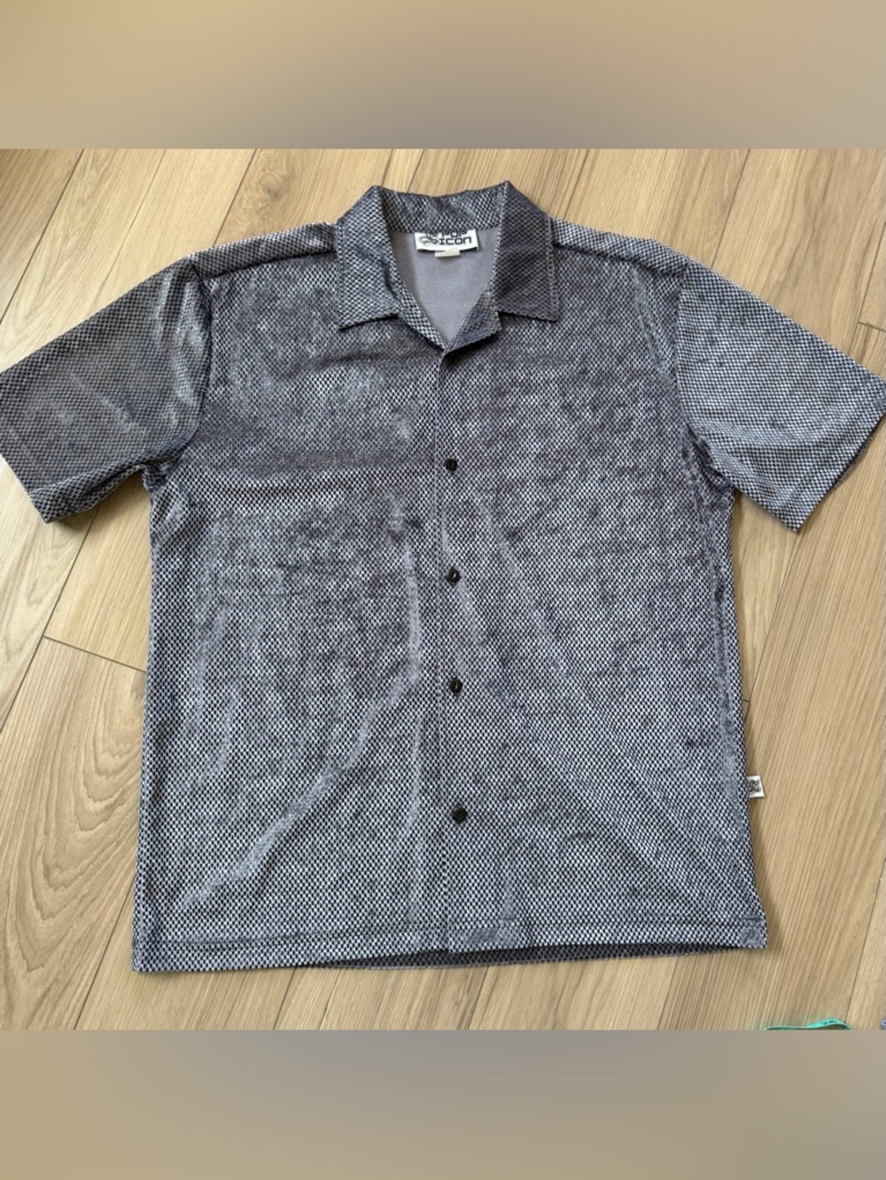 Poo Icon Short-Sleeve Button-Up Shirt in Black and silver Shiny Disco Race Large